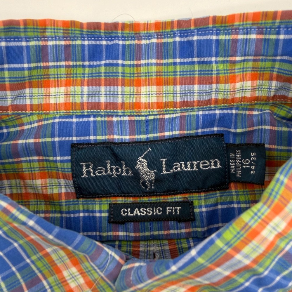 Polo Ralph Lauren Button Down 16 34/35 Blue Orange Plaid Classic Fit Long Sleeve - Picture 2 of 6